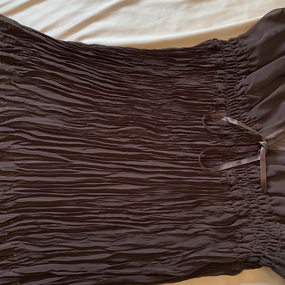 Chocolate Brown Sheer Midi V-Neck Dress | Mesh Pleated A-line Dress | Size S / M - Picture 3 of 11